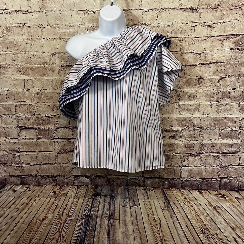 Parker Pink Blue Striped One Shoulder Ruffled Top
